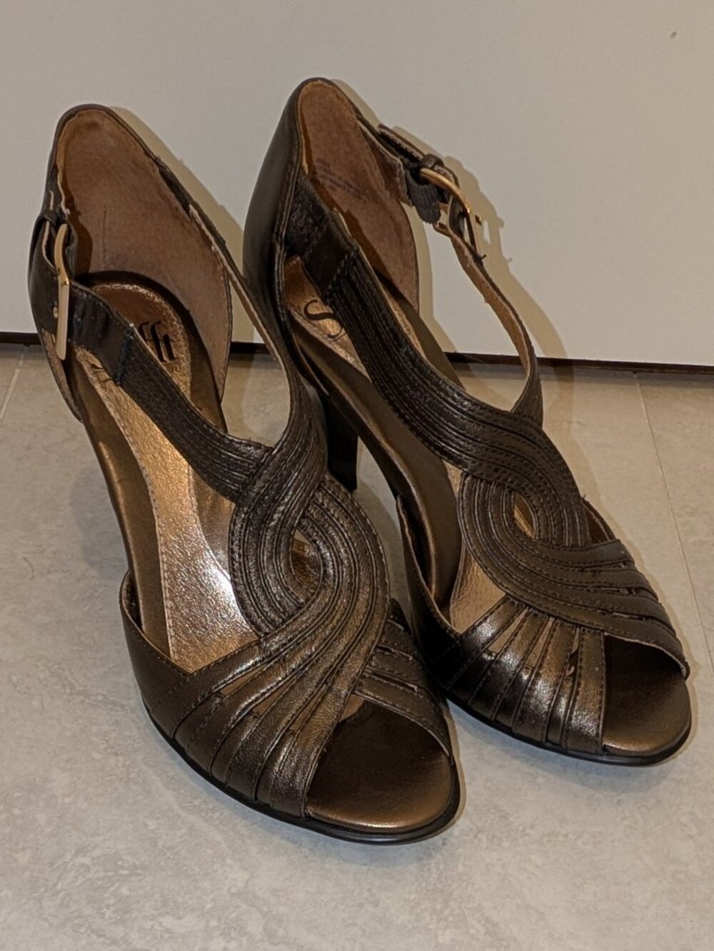 Sofft 6.5W Graciella Bronze Leather Open Peep Toe High Heel Dress Sandals - Picture 9 of 13